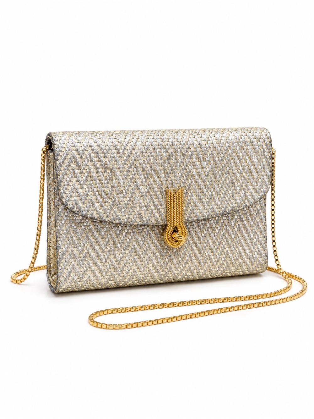 Vintage Leu Locati Metallic Chevron Clutch Bag Gold Silver Woven Italy